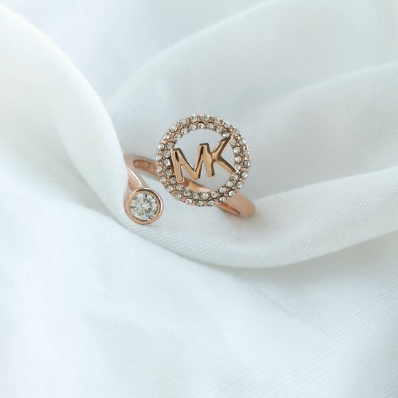 Michael Kors Monogram Logo and Crystal Rose Gold open ring size 8 - Picture 1 of 3